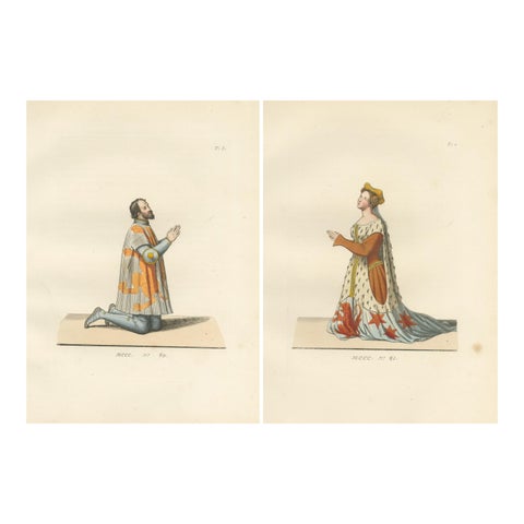 Heraldic Costumes c.1400, Antique 1845 Prints of Knight and Lady, Hand-Coloured