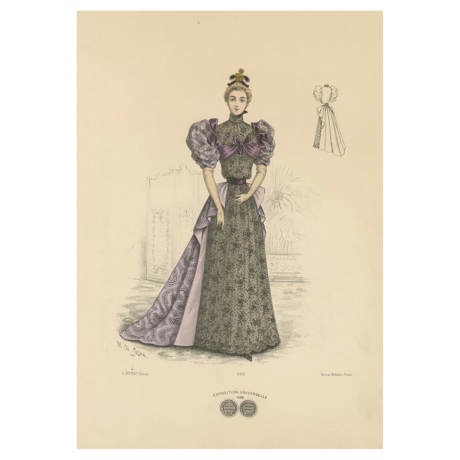 Victorian Evening Elegance: Opulent Fashion Lithograph Published in 1889