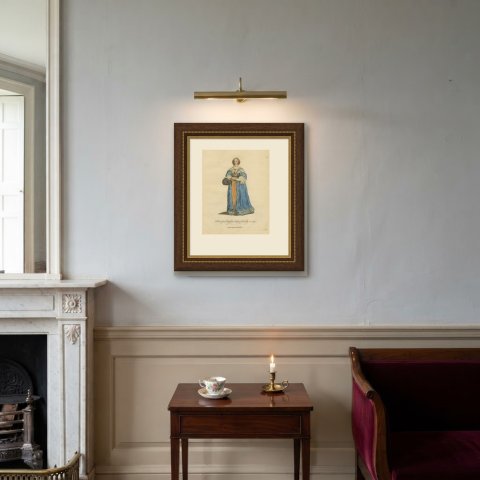 English Lady of Quality in 1640 with Feather Fan, Jefferys Costume Print, 1757, shown framed on a wall