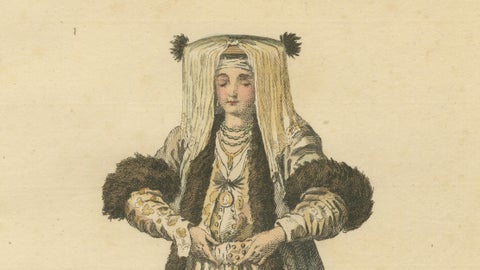 Antique Costume Print Grecian Lady Bridal Dress Jefferys, 1749, close-up 2