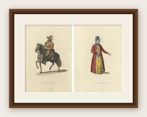 Kirghiz Elegance Engraved: A Study of 19th Century Central Asian Attire, 1814, shown framed