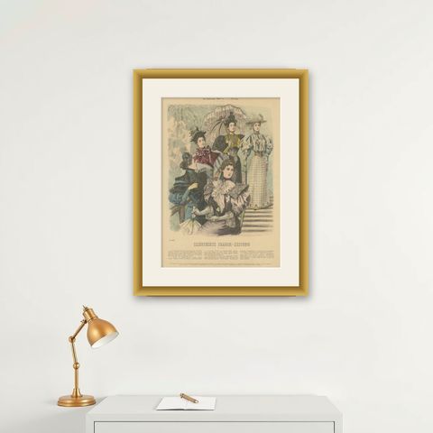 Antique Fashion Print by Dürr, 1894, shown framed on a wall