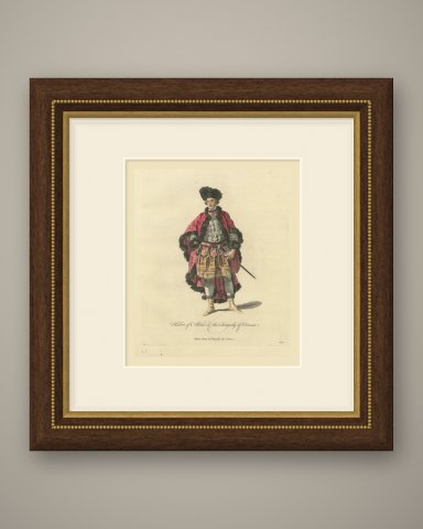 Aletes in the Tragedy of Creusa, Georgian Stage Costume, Jefferys Print, 1757, shown framed