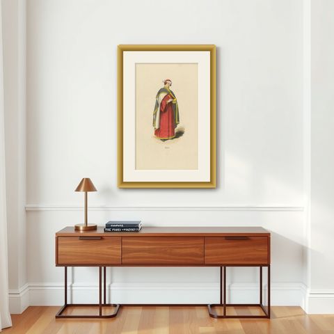Attire of a Medieval Scholar: The Learned Physician of the Middle Ages, 1847, shown framed on a wall