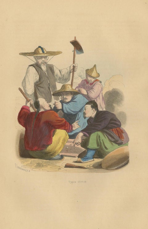 Chinese Laborers Gambling in Traditional Attire from Wahlen's 1844 Lithographs, close-up 6