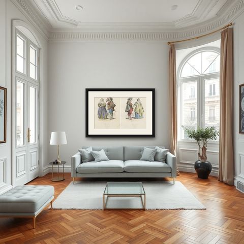 Antique French Costume Prints of Nobles from Lorraine, 1625, Published c.1860, shown framed in a room