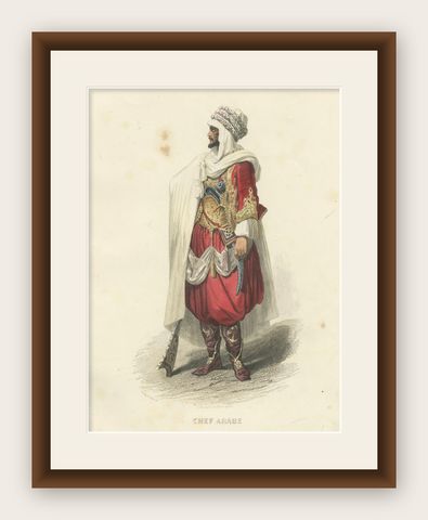 Arab Chief Costume Print Algeria 1853 by Compte-Calix, Hand-Colored Lithograph, shown framed