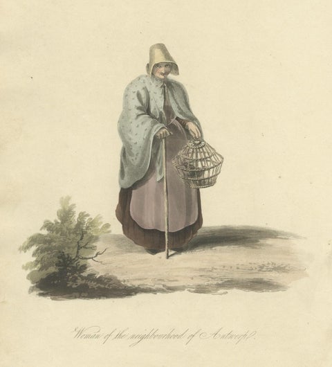 Antique Handcolored Engraving of a Woman of Antwerp, Belgium, 1817, close-up 1