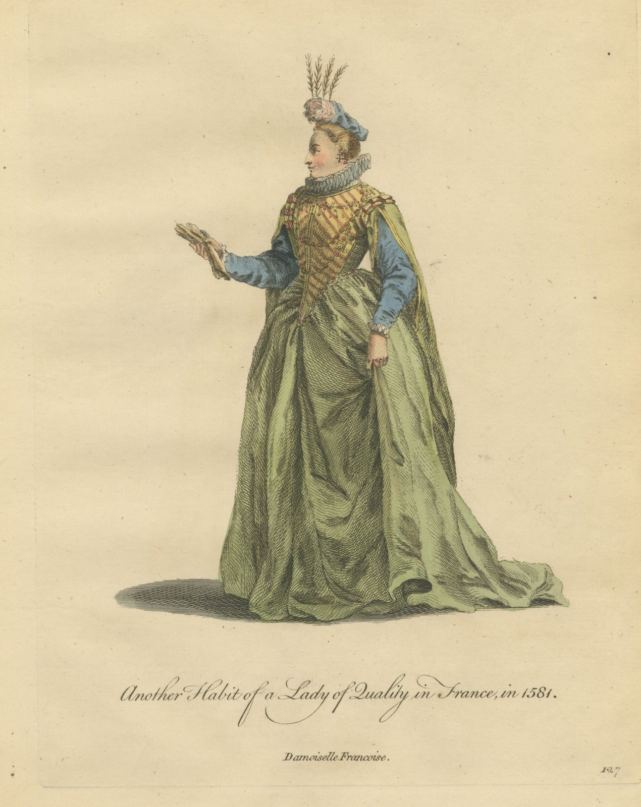Another Lady of Quality in France in 1581, Hand Colored Costume Plate, 1757