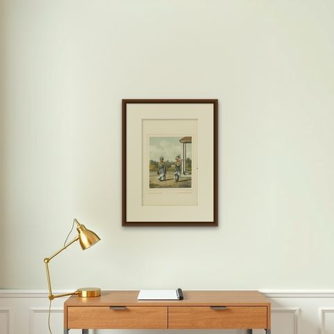 Antique Print of Indonesian Children dressed up as Dancers, Van Pers circa 1850, shown framed on a wall