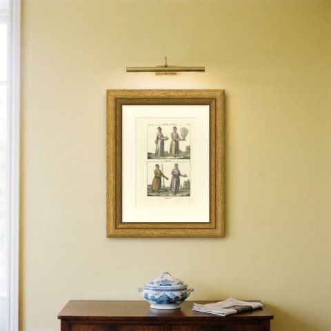 Turkish Chamber Servants with Dishes, Censer and Pipe, Lithograph, 1842, shown framed on a wall