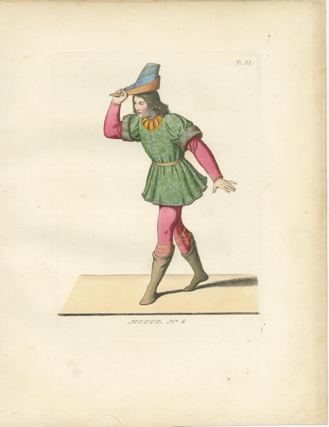 Set of Four Medieval Costume Figures, Hand-Colored Engravings, France 1845, view 5