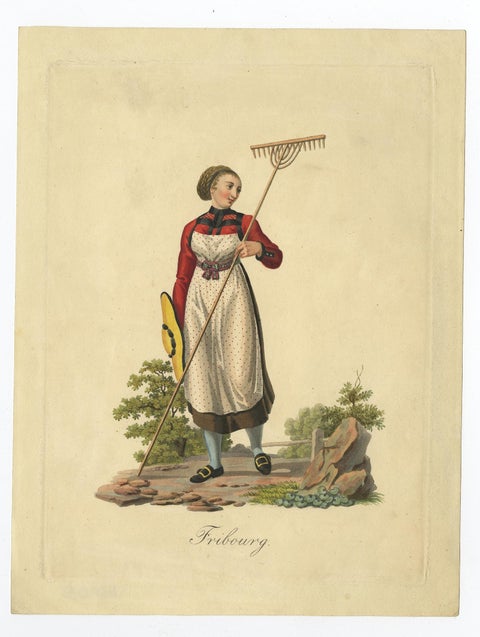 Old Hand-Colored Engraving of a Farmer's Wife from Fribourg, Switzerland, c.1860, view 2