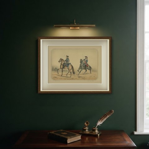 Two Spanish Cavalrymen in Tricorn Hats, Villegas Lithograph, Madrid, 1861, shown framed on a wall