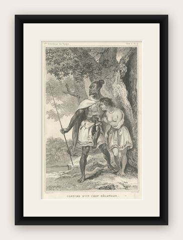 Antique Print of a Costume of a New Zealand Chief, shown framed