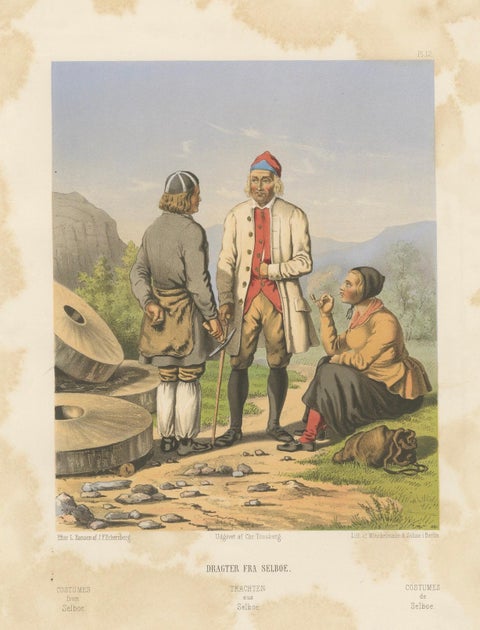 Selbu Regional Dress, Norwegian Folk Attire with Stone Quarry Scene, c.1860, close-up 5