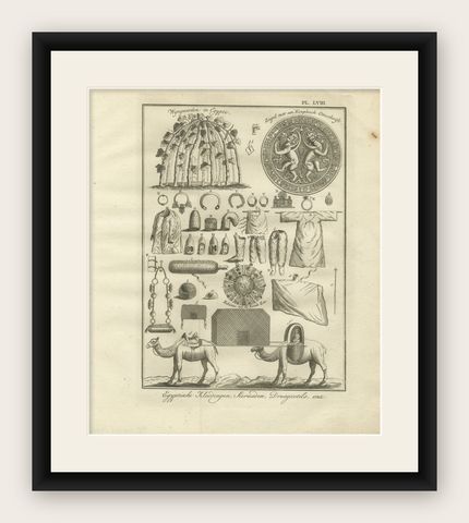 Egyptian Dress, Jewelry & Camel Transport, Antique Print of Egypt, 18th c., shown framed
