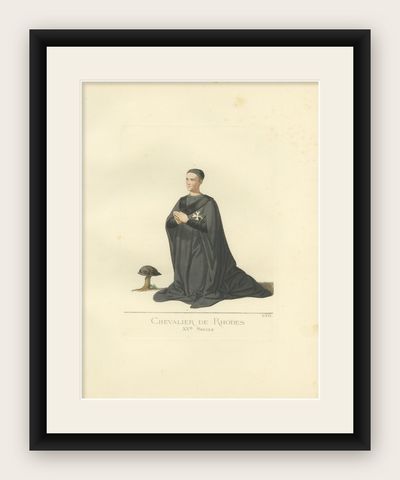 Antique Print of a Knight of Rhodes in Religious Costume, by Bonnard, 1860, shown framed