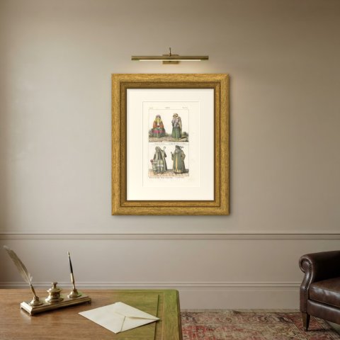 A Woman of the Mani, Costume of Patras and Hydra, a Greek Bishop, 1842, shown framed on a wall