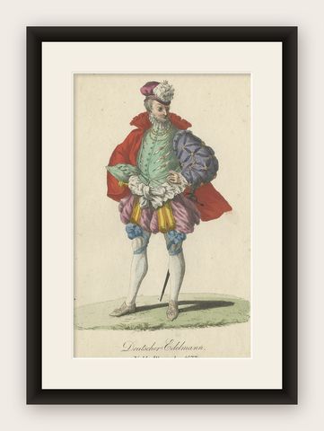 Original Hand-Colored Engraving of a 16th Century German Nobleman, 1805, shown framed