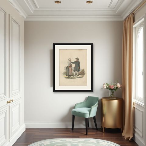 Antique Costume Print of Leksand in Sweden, circa 1864, shown framed in a room