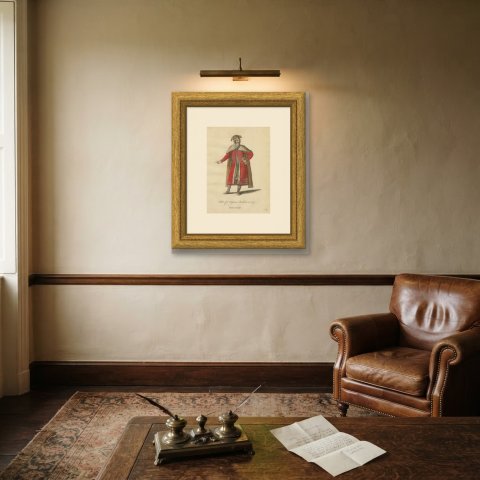 Habit of a Russian Merchant in 1577, Hand Colored Jefferys Costume Plate, 1757, shown framed on a wall