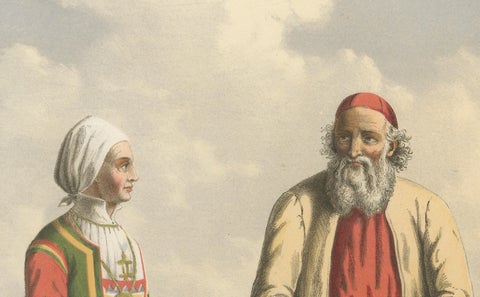 Folk Costumes near Bergen, Moranger and Oster Couple, 19th Century Print, close-up 2