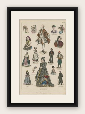 Antique Costume Prints of Tyrol, Paris, Berlin and Others, shown framed