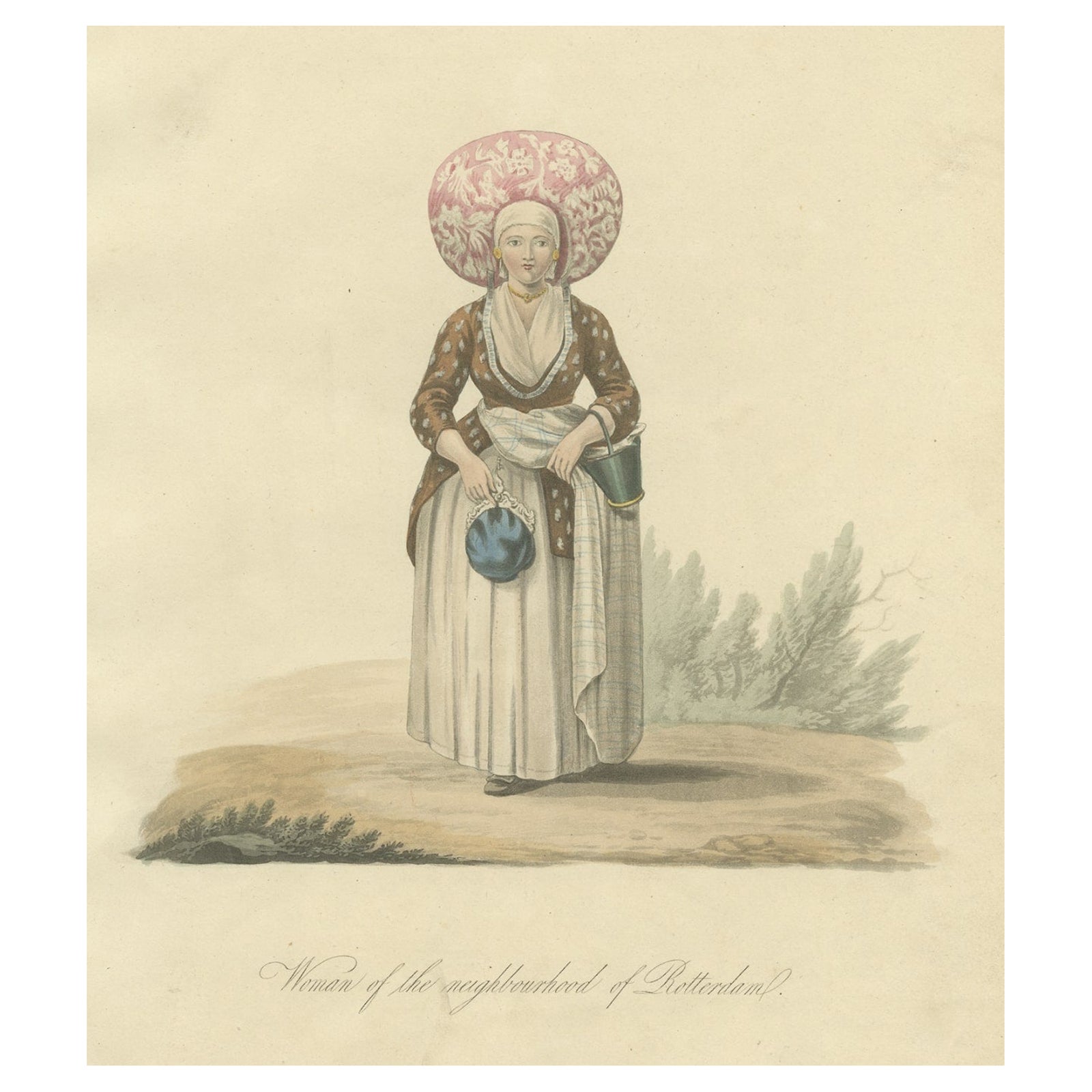 Antique Handcolored Engraving of a woman of the Neighborhood of Rotterdam, 1817