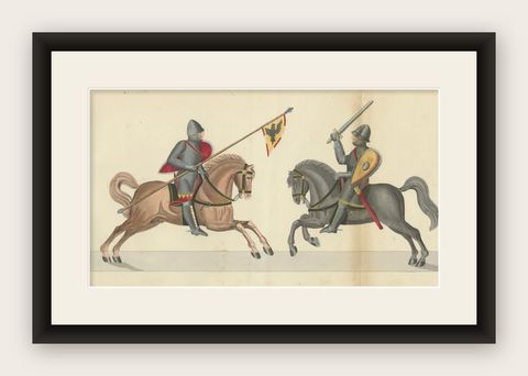 19th-Century Hand-Coloured Print of Armed Horsemen Bearing a Heraldic Banner, shown framed