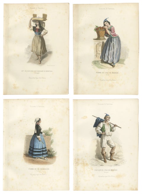 Set of Four Antique Portuguese & Madeira Folk Costume Engravings, circa 1850