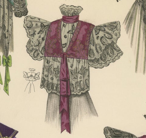 Victorian Splendor: Elegant Shawls and Mantles in Lithograph, Published in 1889, close-up 4
