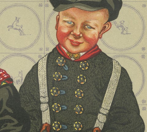 Dutch Children in Traditional Staphorst Dress with Delfts Blue Tile Background, close-up 4