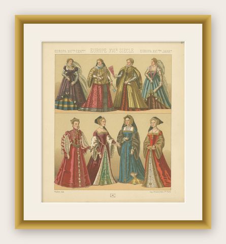 Pl. 64 Antique Print of European XVIth Century Costumes by Racinet, circa 1880, shown framed