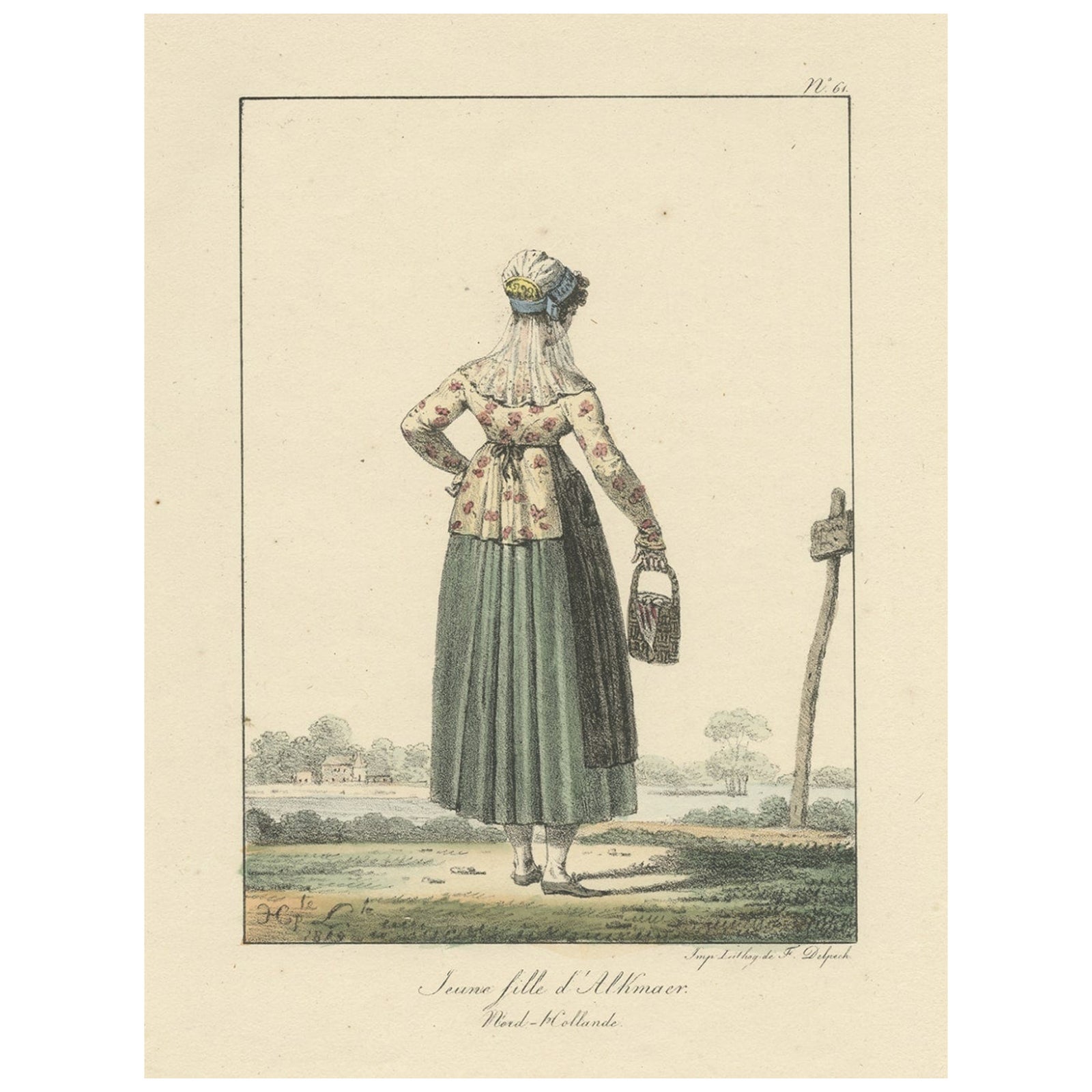 Antique Print of a Young Dutch Girl from Alkmaar, The Netherlands, 1819