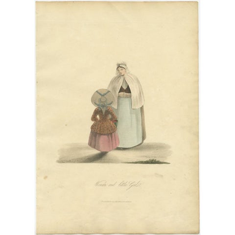 Antique Print of a Woman and Little Girl in Traditional Dutch Costume, 1817, view 2