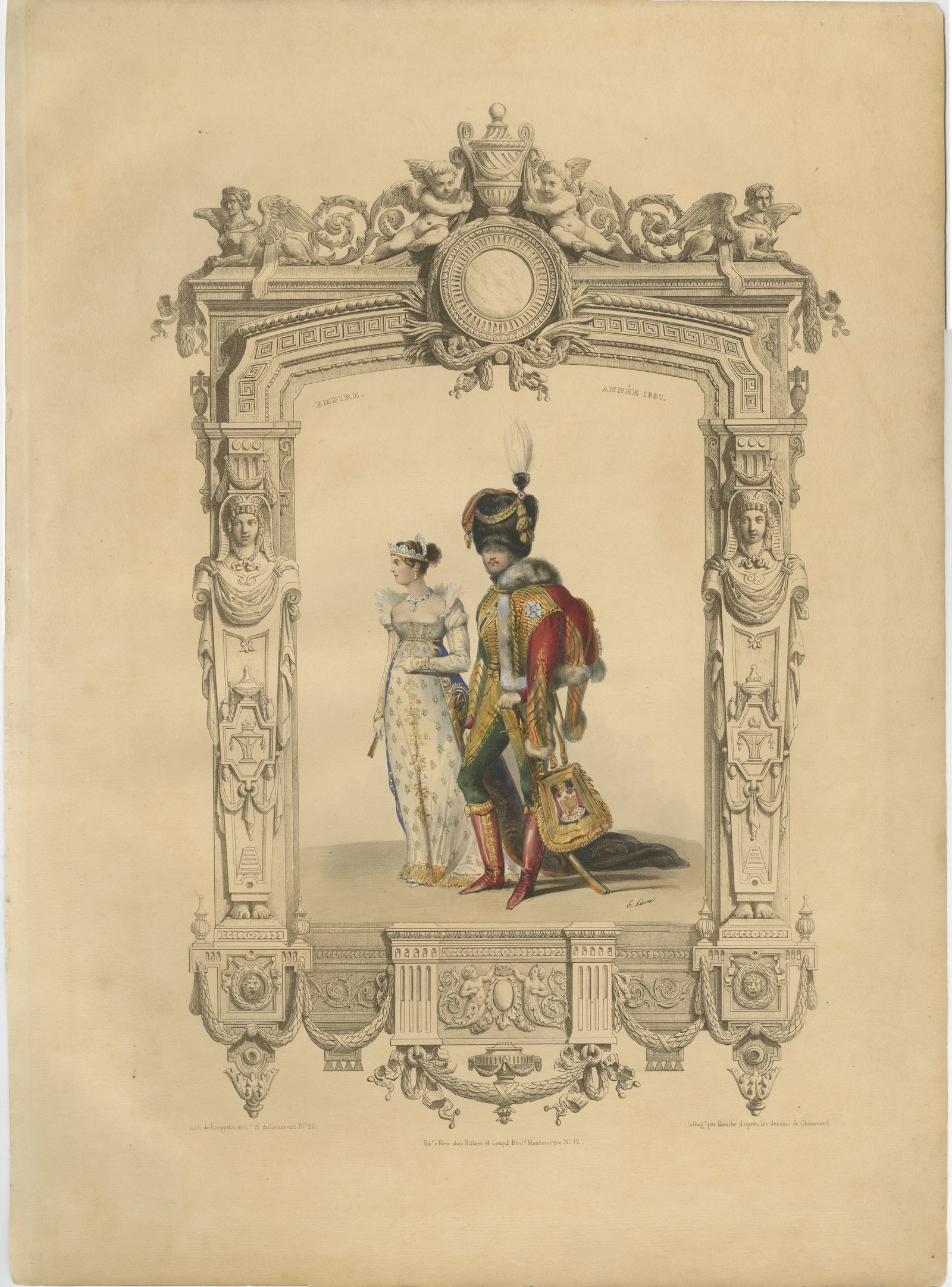 French First Empire Court Costume Lithograph, 1807, Published 1847