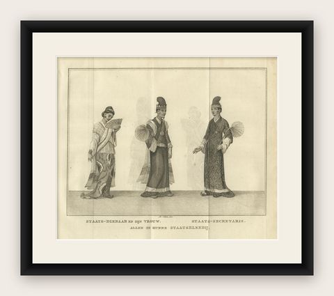Burmese Official, Wife & Secretary in Ceremonial Dress, Antique Print, c.1800, shown framed