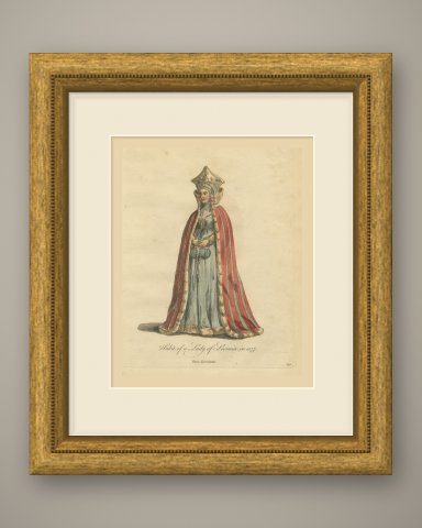Habit of a Lady of Livonia in 1577, Hand Colored Jefferys Costume Plate, 1757, shown framed