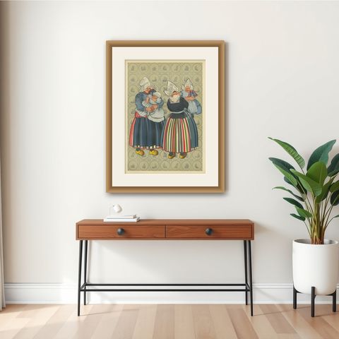 Charming Vintage Print, Women & Children of Volendam in Traditional Dress, 1932, shown framed on a wall