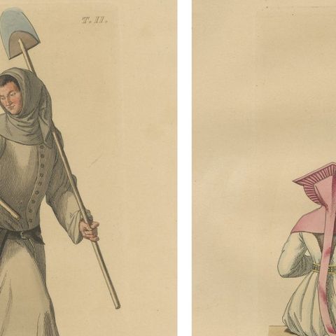 Medieval Court, Clergy & Peasants, 4 Antique Costume Prints, Bonnard 1845, close-up 1