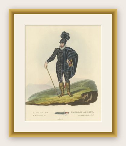 Old Print of Genoese Armor of Genoese Crossbowmen, 1842, shown framed