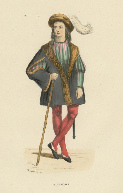 Youthful Elegance: A Young Gentleman's Attire in 'Costume du Moyen Âge', 1847, close-up 4