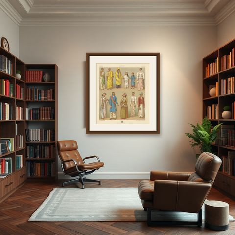 Pl. 39 Antique Print of Asian Clothing by Racinet, 'circa 1880', shown framed in a room