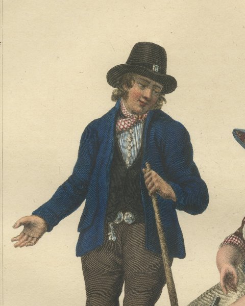 Delft Butter and Leiden Cheese, Dutch Costume Print, Maaskamp, circa 1820, close-up 1