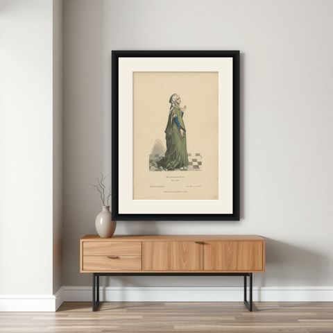 Antique Costume Print of a Lady from Burgundy, France, c.1880, shown framed on a wall