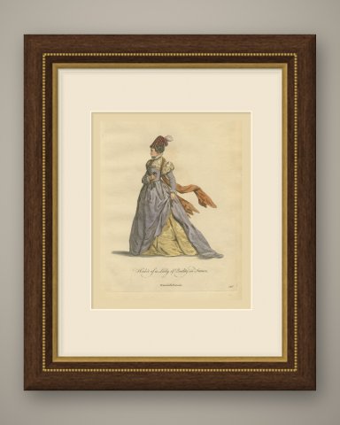Lady of Quality in France with a Striped Toque, Jefferys Costume Plate, 1757, shown framed