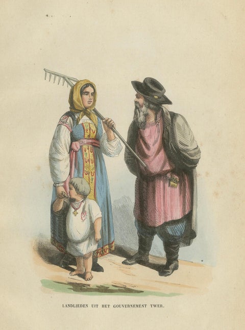 Russian Peasants from the Tver Governorate - Antique Costume Lithograph, c.1852, close-up 1