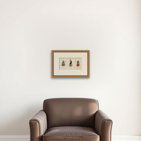 Set of Three Antique Iberian Costume Engravings, Spain & Portugal, circa 1850, shown framed on a wall