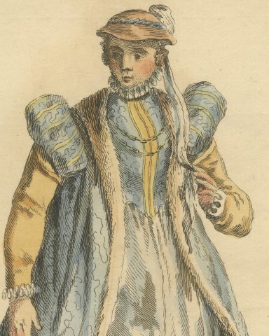 Matron of Swabia in Fur-Trimmed Blue Gown, Costume of 1577, Jefferys 1757, close-up 1
